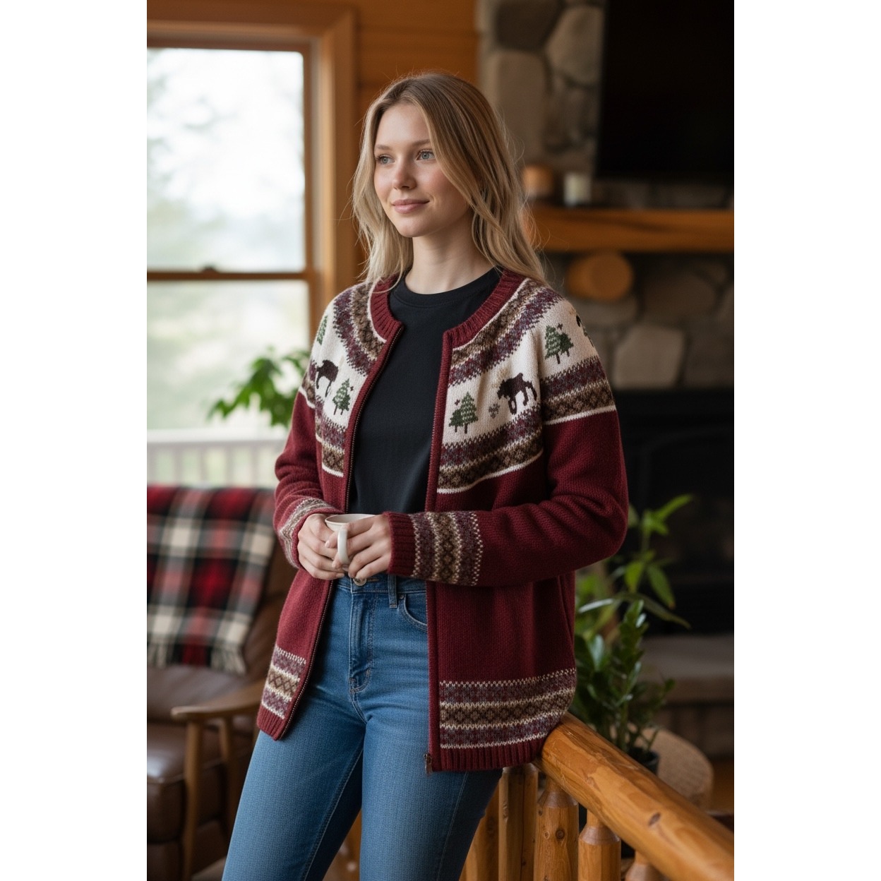 Winter Ski Sweater Hannah Womens L Red Full Zip Moose Christmas Fair Aisle Cabin